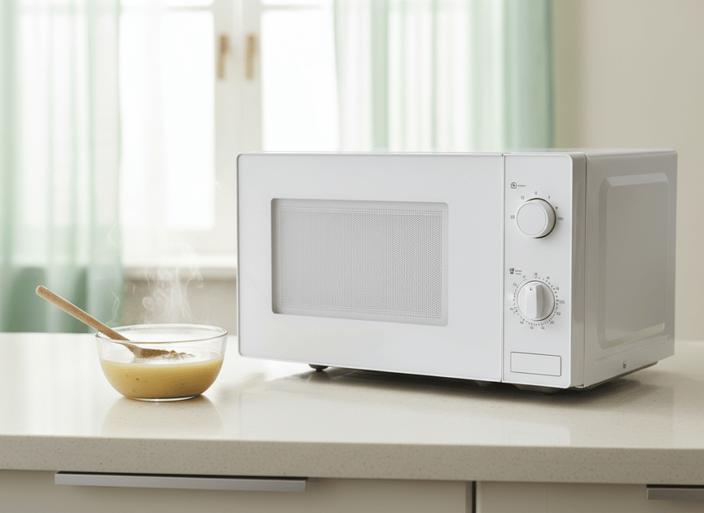 Microondas blanco en una cocina luminosa con un cuenco de sopa humeante