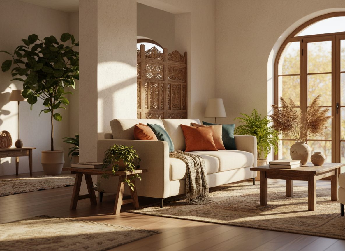 Salón acogedor y luminoso con luz cálida de otoño, sofá crema y plantas