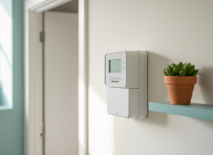 Contador eléctrico inteligente en una pared blanca junto a una planta