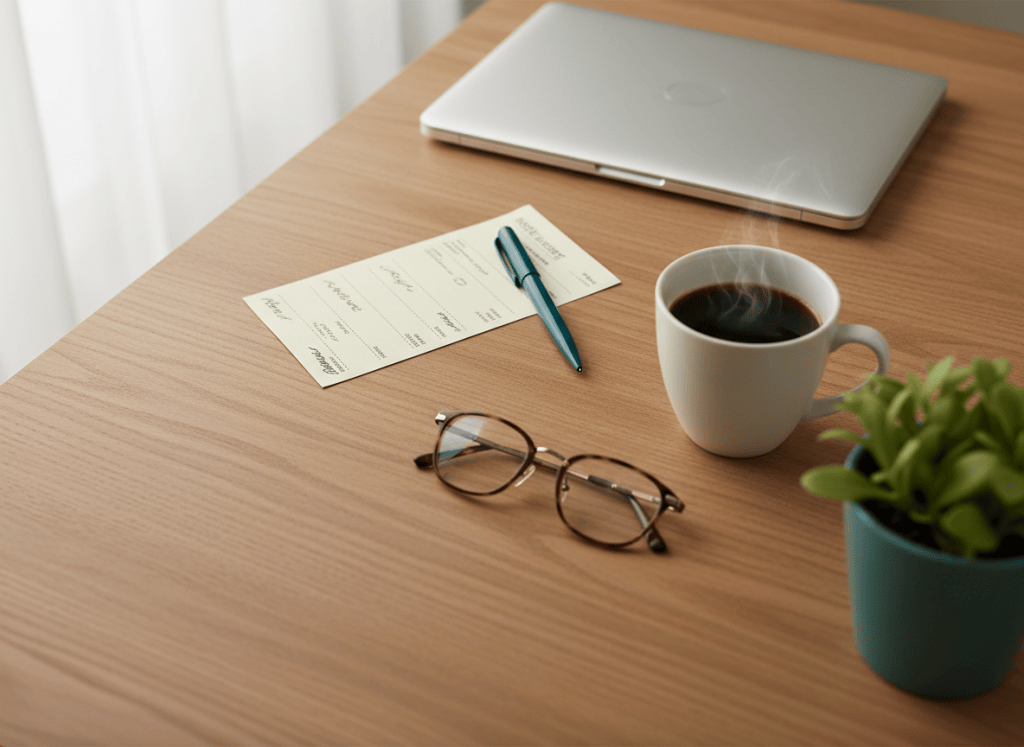 Escritorio ordenado con portátil, factura impresa, bolígrafo y taza de café